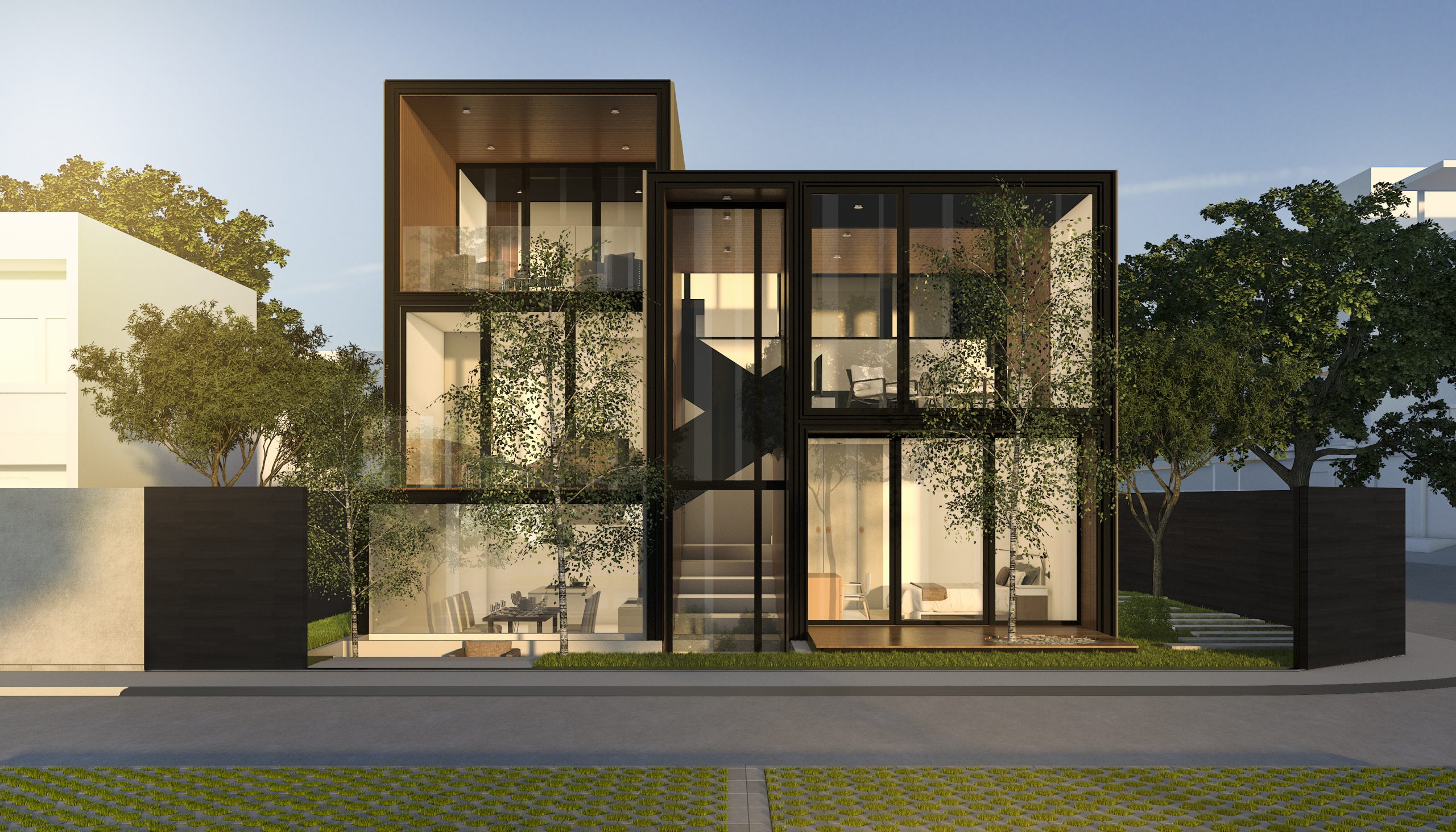 3d rendering black loft modern house in summer image alt